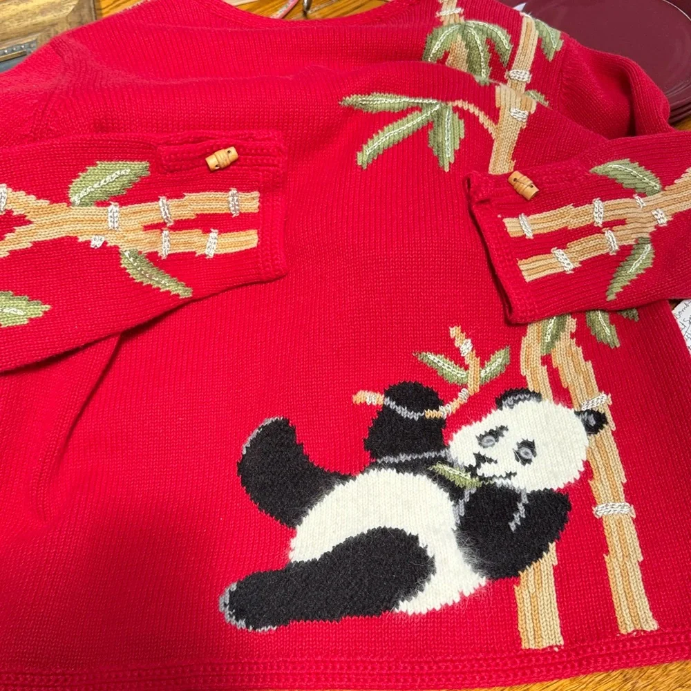 Northern Isles Vintage cherry red cardigan with bamboo and panda print.  Medium